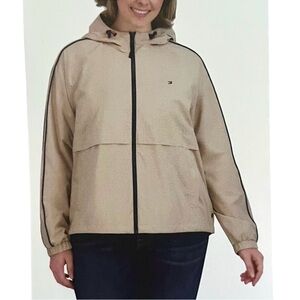 Tommy Hilfiger Women’s Beige Rain Jacket with Black Accents Size L